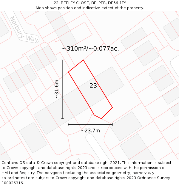 23, BEELEY CLOSE, BELPER, DE56 1TY: Plot and title map