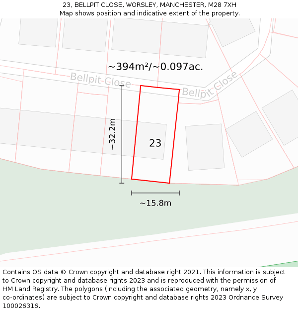 23, BELLPIT CLOSE, WORSLEY, MANCHESTER, M28 7XH: Plot and title map