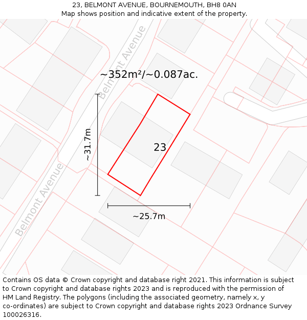 23, BELMONT AVENUE, BOURNEMOUTH, BH8 0AN: Plot and title map