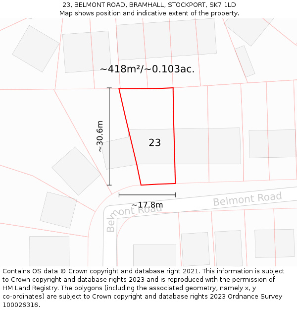 23, BELMONT ROAD, BRAMHALL, STOCKPORT, SK7 1LD: Plot and title map