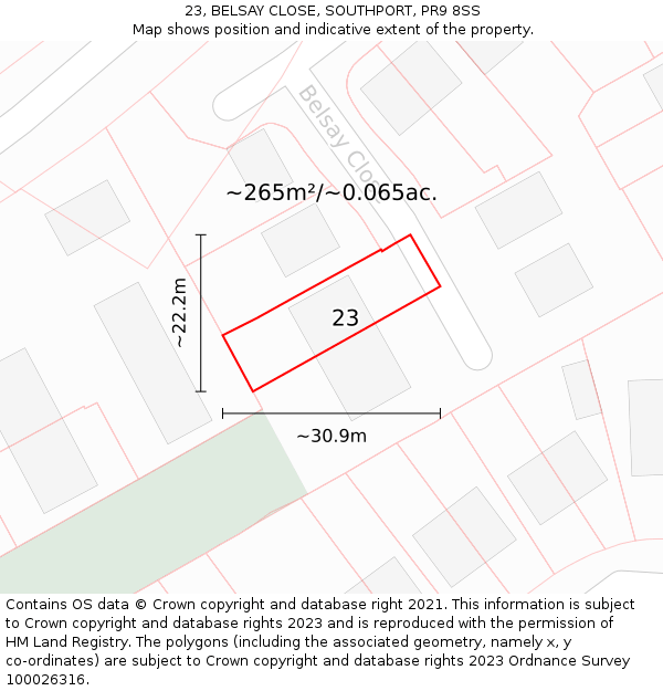 23, BELSAY CLOSE, SOUTHPORT, PR9 8SS: Plot and title map