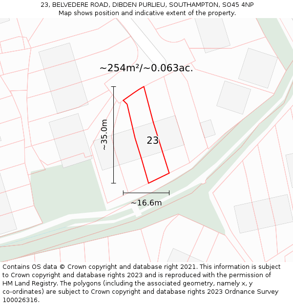 23, BELVEDERE ROAD, DIBDEN PURLIEU, SOUTHAMPTON, SO45 4NP: Plot and title map