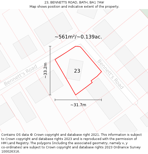 23, BENNETTS ROAD, BATH, BA1 7AW: Plot and title map