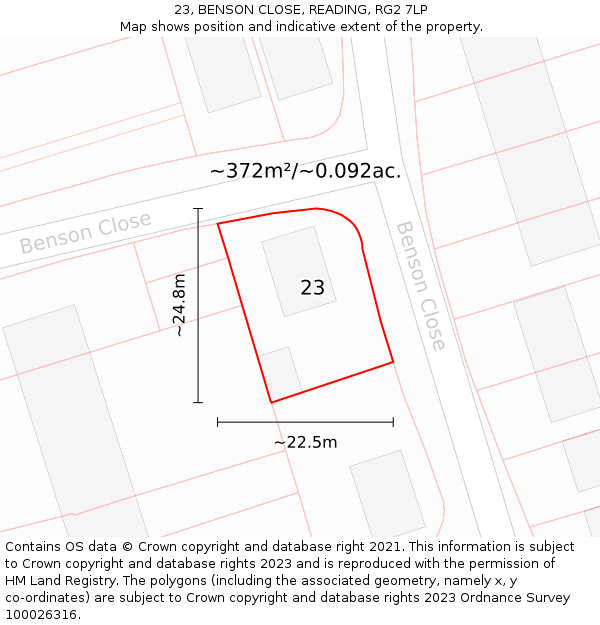 23, BENSON CLOSE, READING, RG2 7LP: Plot and title map