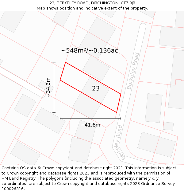 23, BERKELEY ROAD, BIRCHINGTON, CT7 9JR: Plot and title map