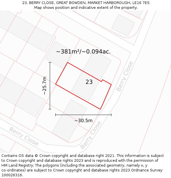 23, BERRY CLOSE, GREAT BOWDEN, MARKET HARBOROUGH, LE16 7ES: Plot and title map