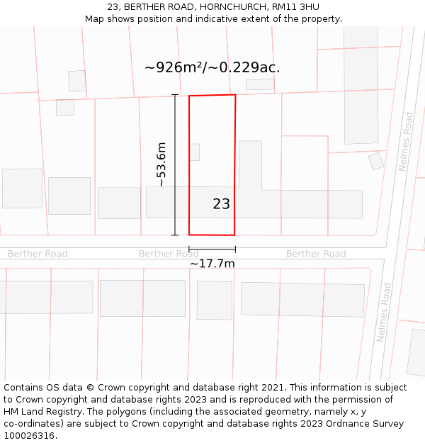 23, BERTHER ROAD, HORNCHURCH, RM11 3HU: Plot and title map