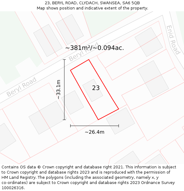 23, BERYL ROAD, CLYDACH, SWANSEA, SA6 5QB: Plot and title map