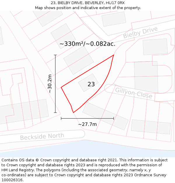 23, BIELBY DRIVE, BEVERLEY, HU17 0RX: Plot and title map