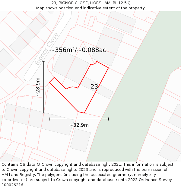 23, BIGNOR CLOSE, HORSHAM, RH12 5JQ: Plot and title map