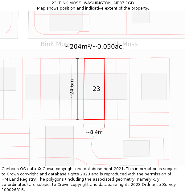 23, BINK MOSS, WASHINGTON, NE37 1GD: Plot and title map