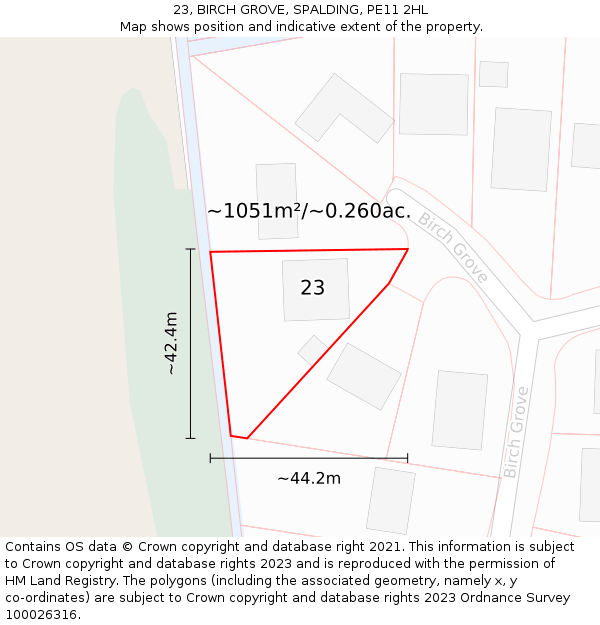 23, BIRCH GROVE, SPALDING, PE11 2HL: Plot and title map