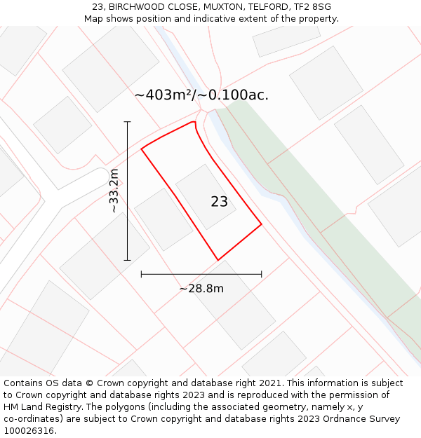 23, BIRCHWOOD CLOSE, MUXTON, TELFORD, TF2 8SG: Plot and title map