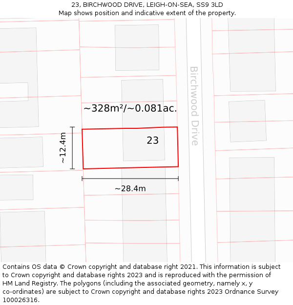 23, BIRCHWOOD DRIVE, LEIGH-ON-SEA, SS9 3LD: Plot and title map