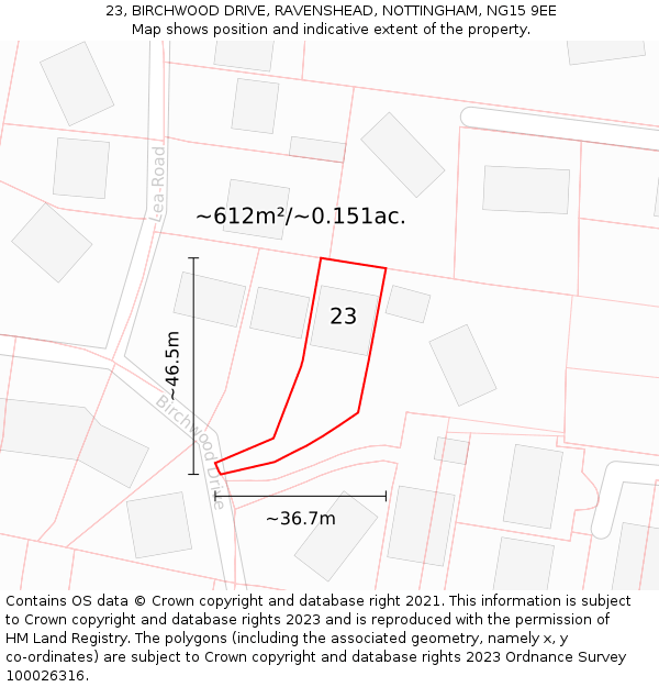 23, BIRCHWOOD DRIVE, RAVENSHEAD, NOTTINGHAM, NG15 9EE: Plot and title map