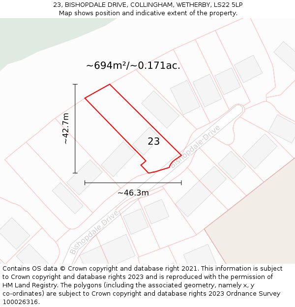 23, BISHOPDALE DRIVE, COLLINGHAM, WETHERBY, LS22 5LP: Plot and title map