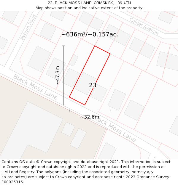 23, BLACK MOSS LANE, ORMSKIRK, L39 4TN: Plot and title map