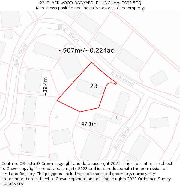 23, BLACK WOOD, WYNYARD, BILLINGHAM, TS22 5GQ: Plot and title map