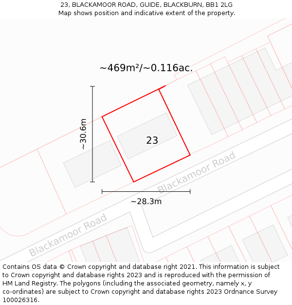 23, BLACKAMOOR ROAD, GUIDE, BLACKBURN, BB1 2LG: Plot and title map