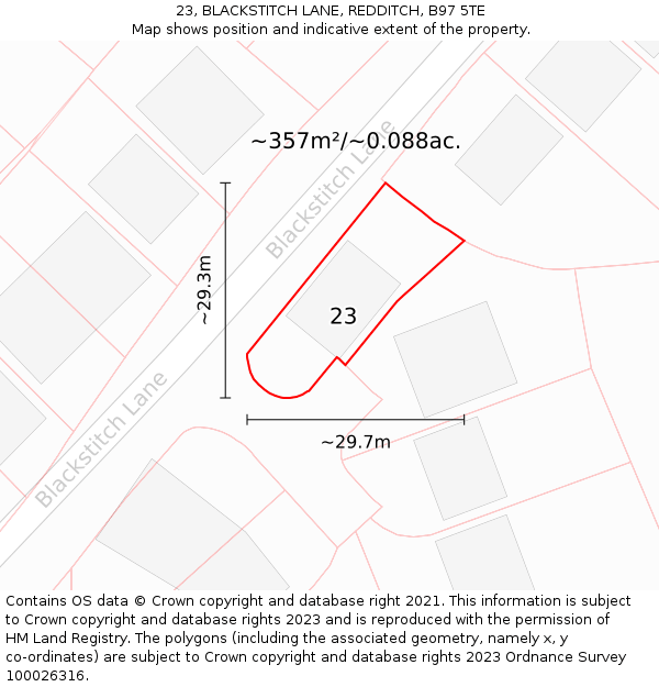 23, BLACKSTITCH LANE, REDDITCH, B97 5TE: Plot and title map