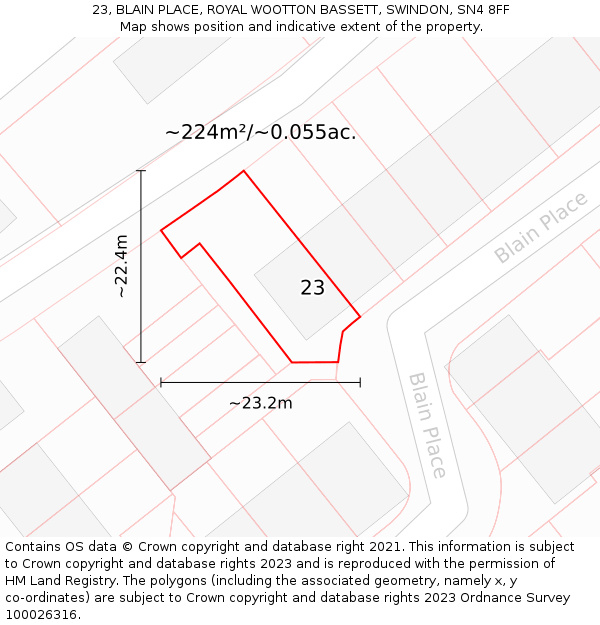 23, BLAIN PLACE, ROYAL WOOTTON BASSETT, SWINDON, SN4 8FF: Plot and title map