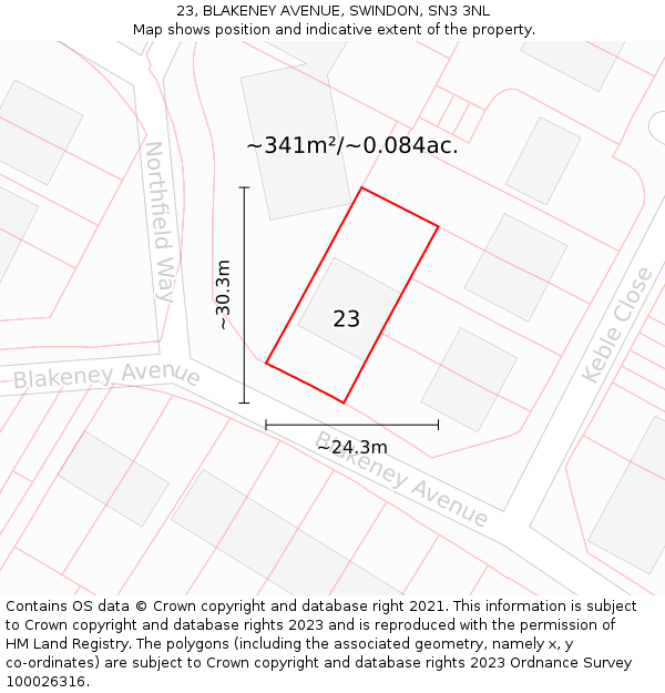 23, BLAKENEY AVENUE, SWINDON, SN3 3NL: Plot and title map