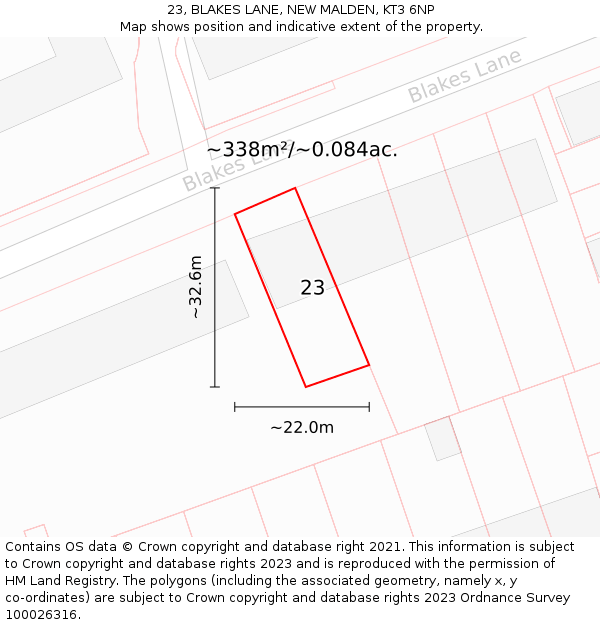 23, BLAKES LANE, NEW MALDEN, KT3 6NP: Plot and title map