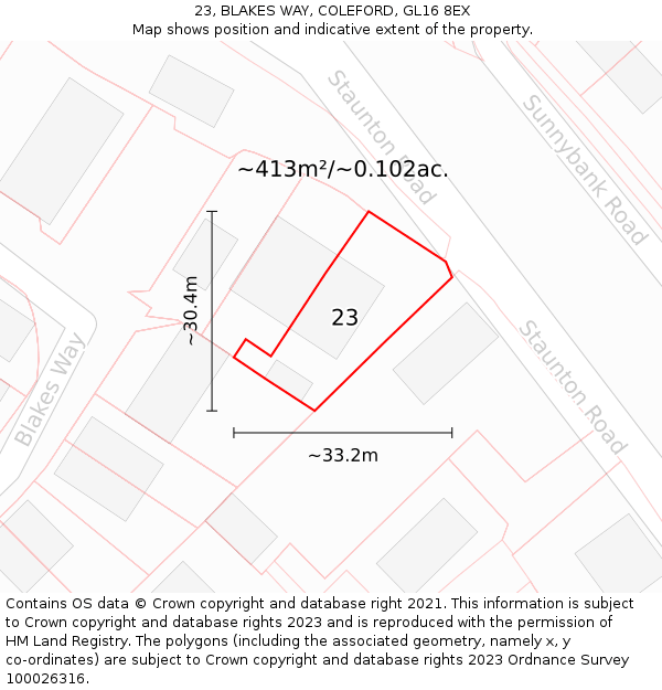 23, BLAKES WAY, COLEFORD, GL16 8EX: Plot and title map