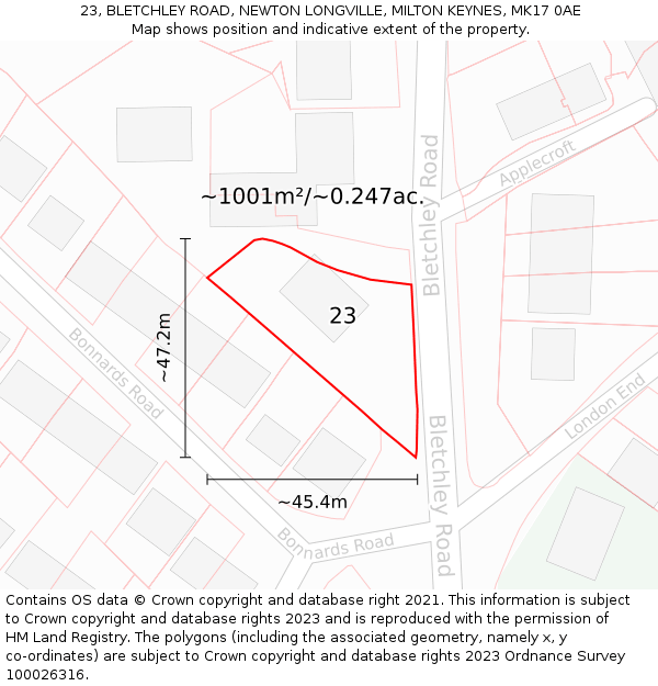 23, BLETCHLEY ROAD, NEWTON LONGVILLE, MILTON KEYNES, MK17 0AE: Plot and title map