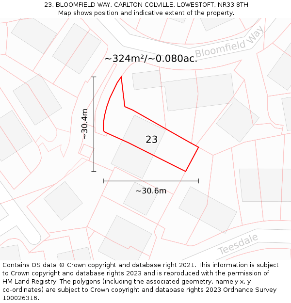 23, BLOOMFIELD WAY, CARLTON COLVILLE, LOWESTOFT, NR33 8TH: Plot and title map