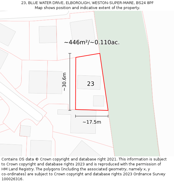 23, BLUE WATER DRIVE, ELBOROUGH, WESTON-SUPER-MARE, BS24 8PF: Plot and title map