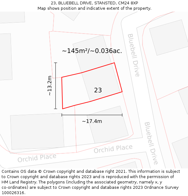 23, BLUEBELL DRIVE, STANSTED, CM24 8XP: Plot and title map