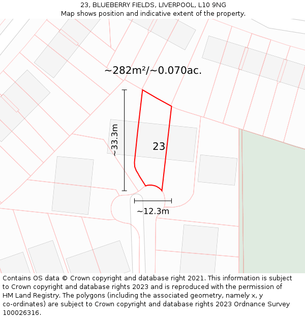 23, BLUEBERRY FIELDS, LIVERPOOL, L10 9NG: Plot and title map