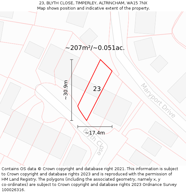 23, BLYTH CLOSE, TIMPERLEY, ALTRINCHAM, WA15 7NX: Plot and title map