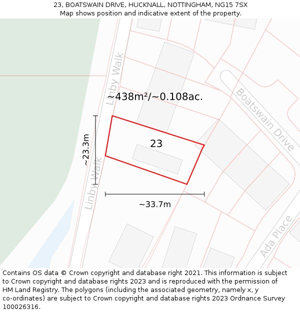 23, BOATSWAIN DRIVE, HUCKNALL, NOTTINGHAM, NG15 7SX: Plot and title map