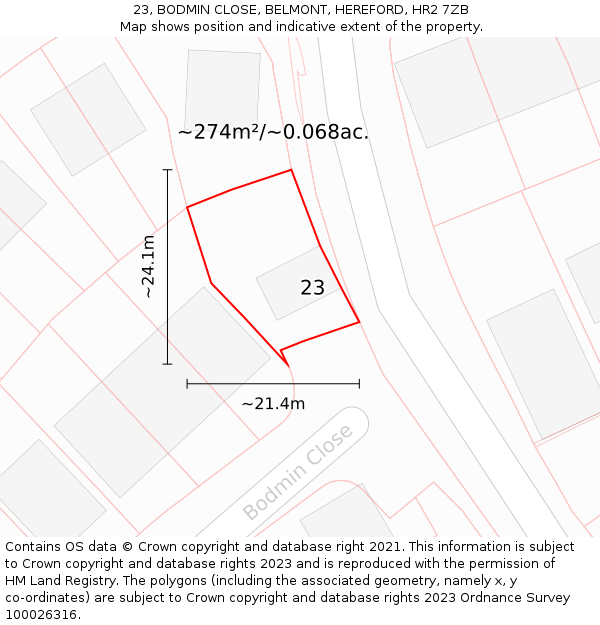 23, BODMIN CLOSE, BELMONT, HEREFORD, HR2 7ZB: Plot and title map