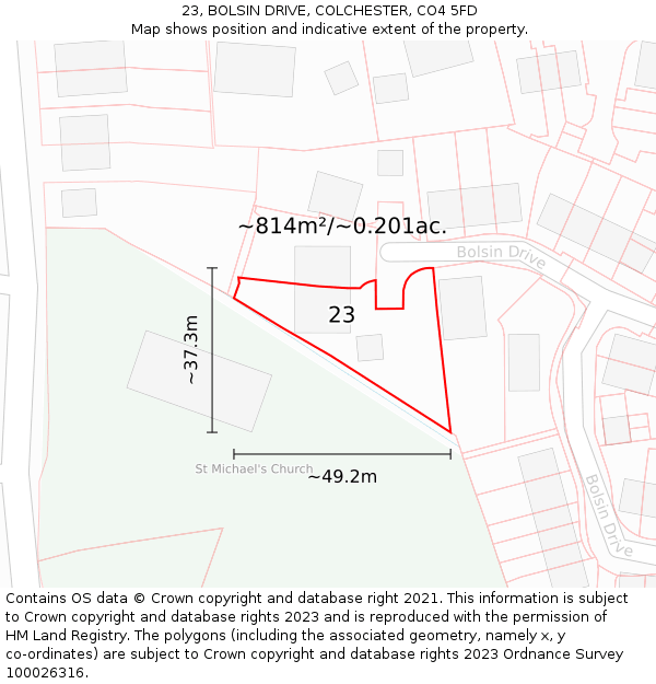 23, BOLSIN DRIVE, COLCHESTER, CO4 5FD: Plot and title map