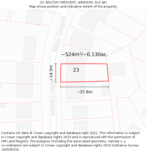 23, BOLTON CRESCENT, WINDSOR, SL4 3JH: Plot and title map