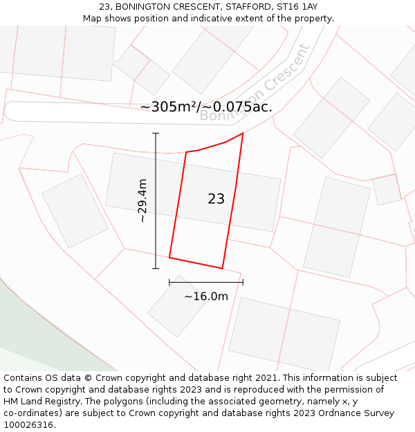 23, BONINGTON CRESCENT, STAFFORD, ST16 1AY: Plot and title map