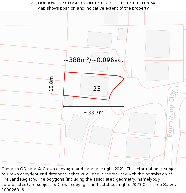 23, BORROWCUP CLOSE, COUNTESTHORPE, LEICESTER, LE8 5XJ: Plot and title map