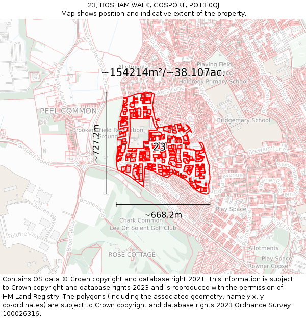 23, BOSHAM WALK, GOSPORT, PO13 0QJ: Plot and title map