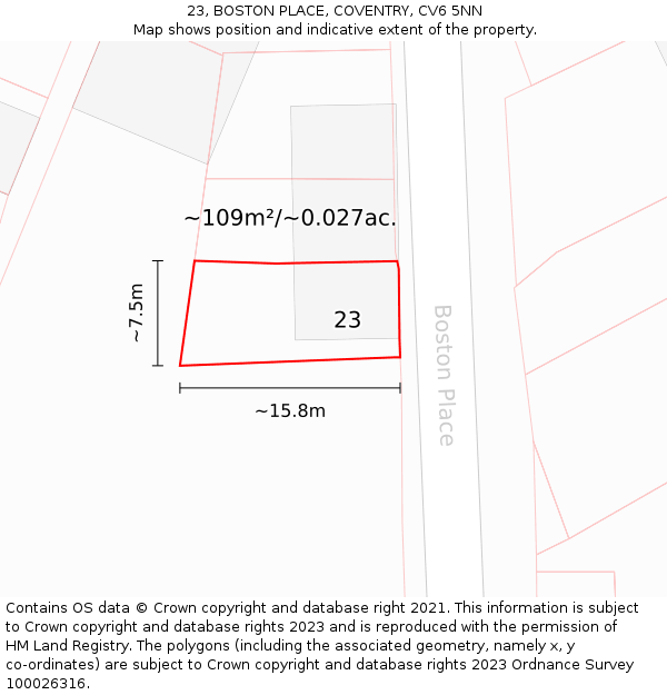 23, BOSTON PLACE, COVENTRY, CV6 5NN: Plot and title map