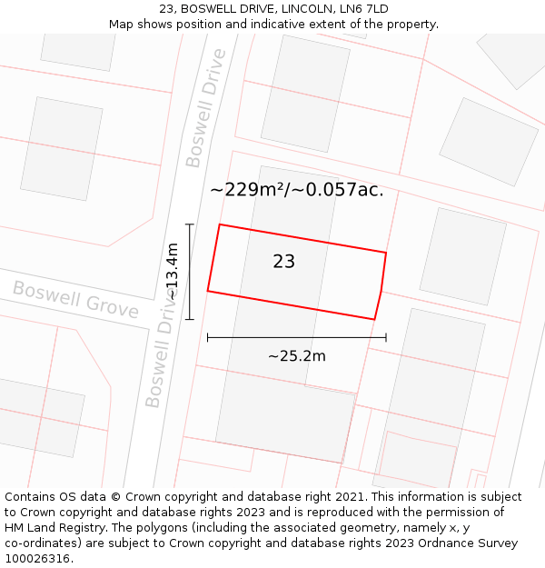 23, BOSWELL DRIVE, LINCOLN, LN6 7LD: Plot and title map