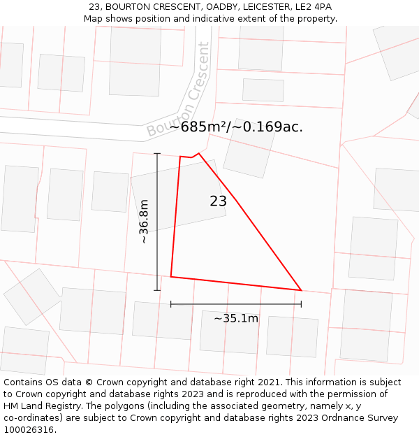 23, BOURTON CRESCENT, OADBY, LEICESTER, LE2 4PA: Plot and title map