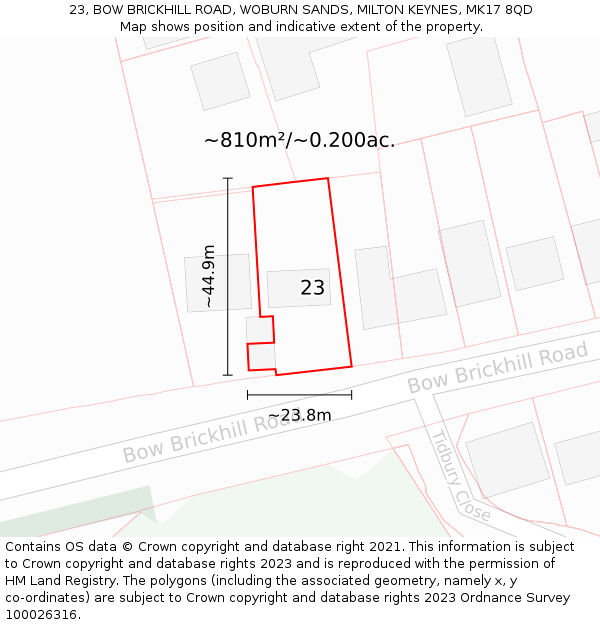 23, BOW BRICKHILL ROAD, WOBURN SANDS, MILTON KEYNES, MK17 8QD: Plot and title map