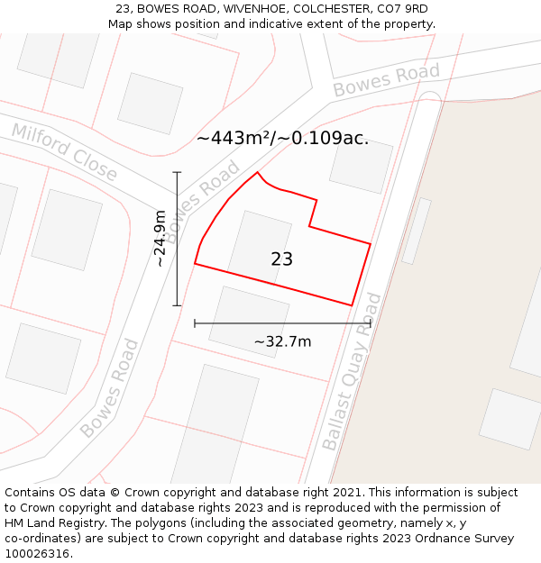 23, BOWES ROAD, WIVENHOE, COLCHESTER, CO7 9RD: Plot and title map