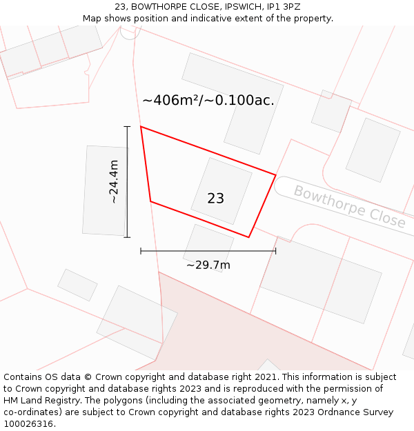 23, BOWTHORPE CLOSE, IPSWICH, IP1 3PZ: Plot and title map