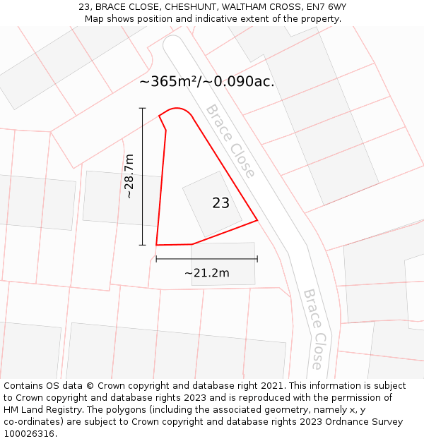 23, BRACE CLOSE, CHESHUNT, WALTHAM CROSS, EN7 6WY: Plot and title map