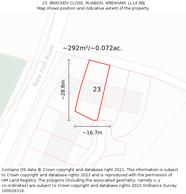 23, BRACKEN CLOSE, RUABON, WREXHAM, LL14 6BJ: Plot and title map