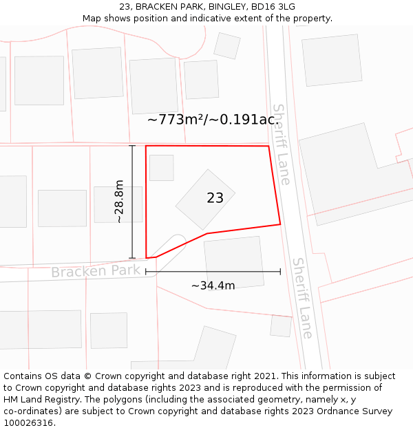 23, BRACKEN PARK, BINGLEY, BD16 3LG: Plot and title map